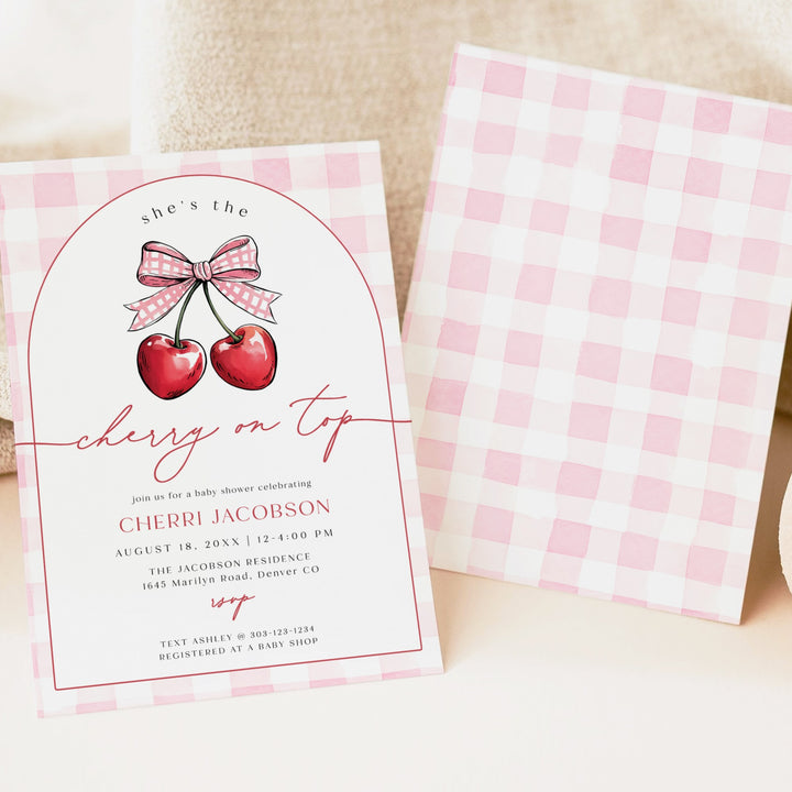 CHERRI Cherry On Top Baby Girl Pink Gingham Baby Shower Invitation