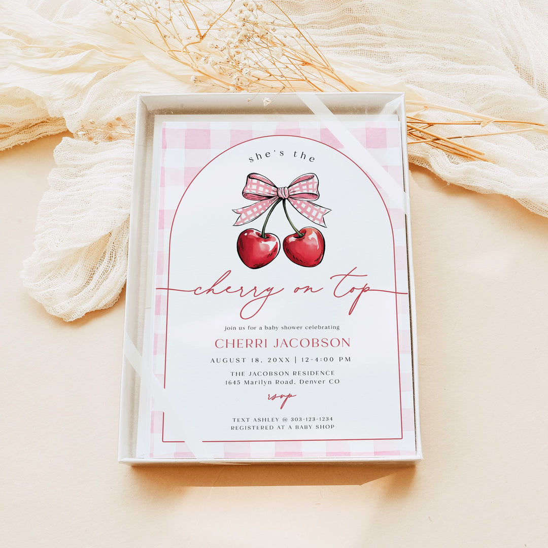 CHERRI Cherry On Top Baby Girl Pink Gingham Baby Shower Invitation