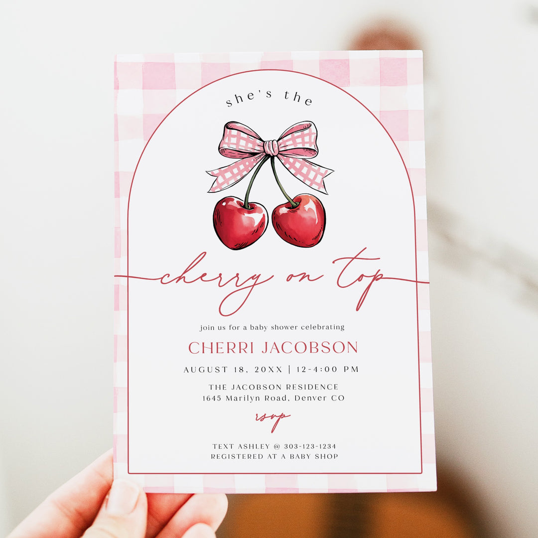 CHERRI Cherry On Top Baby Girl Pink Gingham Baby Shower Invitation