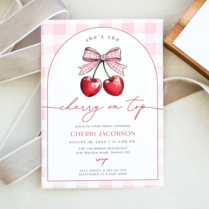 CHERRI Cherry On Top Baby Girl Pink Gingham Baby Shower Invitation