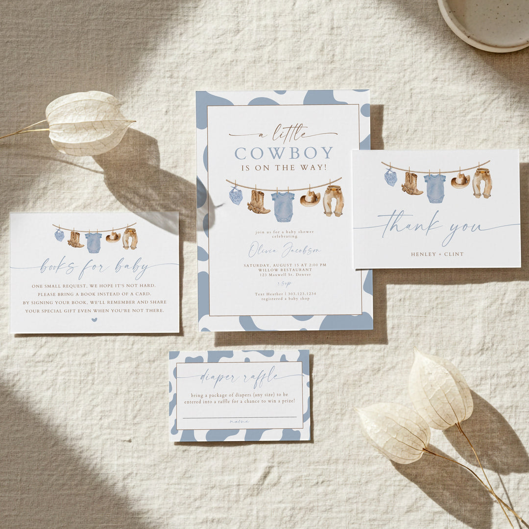 CLINT A Little Cowboy On the Way Western Cow Print Baby Shower Invitation Set