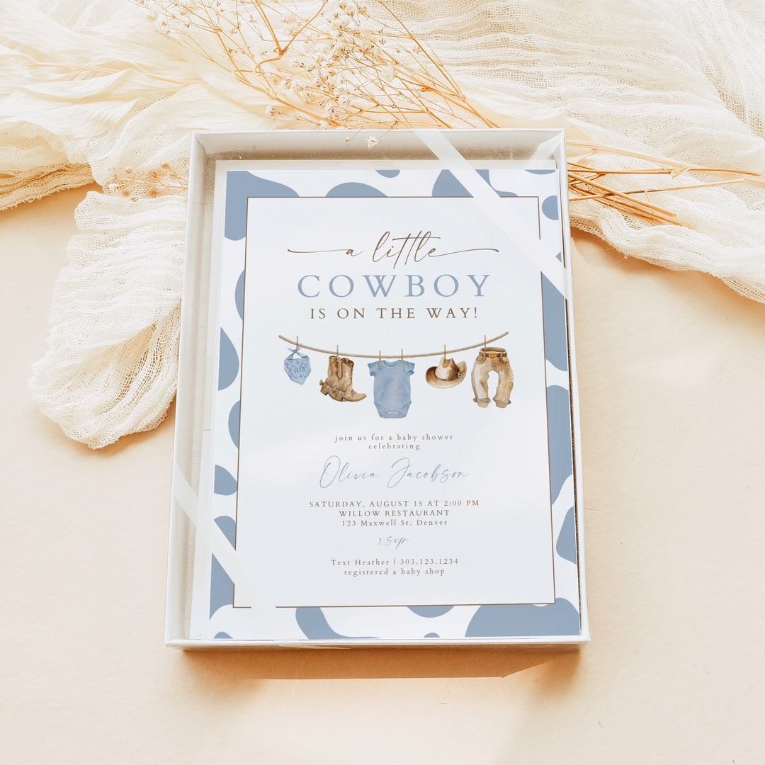 CLINT A Little Cowboy On the Way Western Cow Print Baby Shower Invitation Set