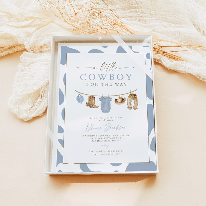 CLINT A Little Cowboy On the Way Western Cow Print Baby Shower Invitation Set