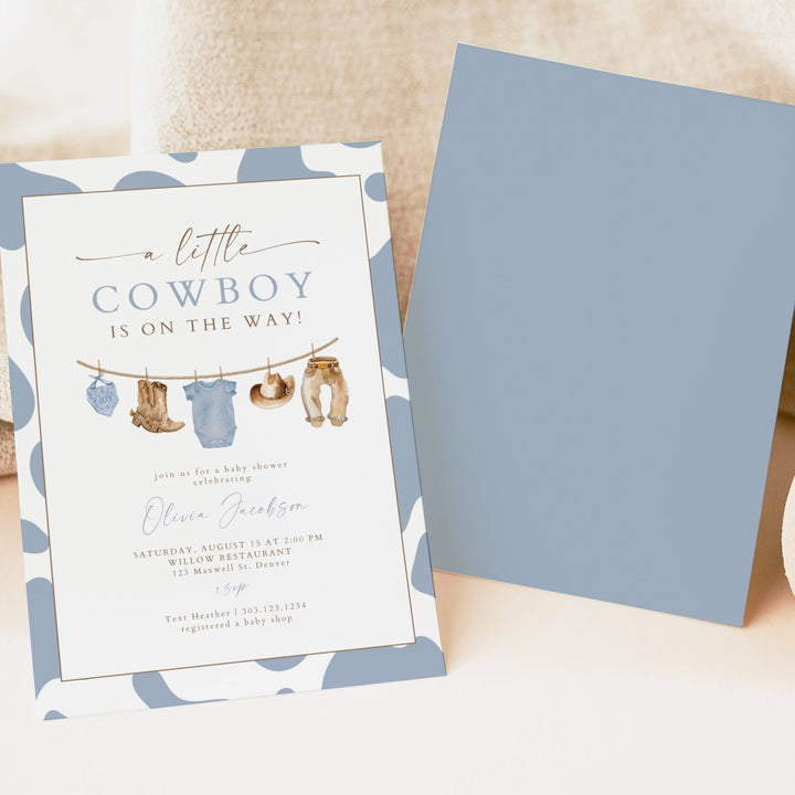 CLINT A Little Cowboy On the Way Western Cow Print Baby Shower Invitation Set