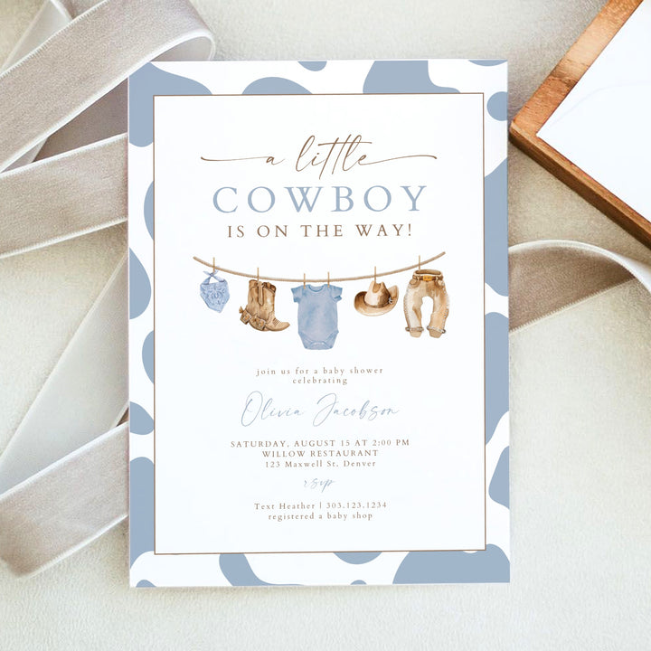 CLINT Little Cowboy on the Way Cow Print Baby Shower Invitation