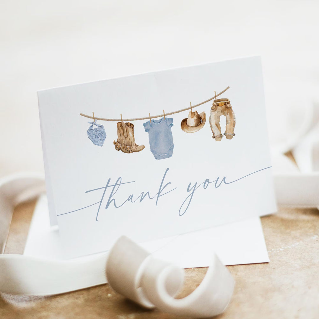 CLINT A Little Cowboy On the Way Western Cow Print Baby Shower Invitation Set