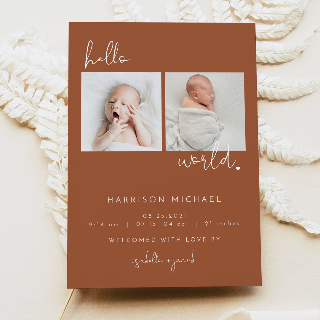 CORIANDER Terracotta Boho Hello World Birth Announcement Photo Card