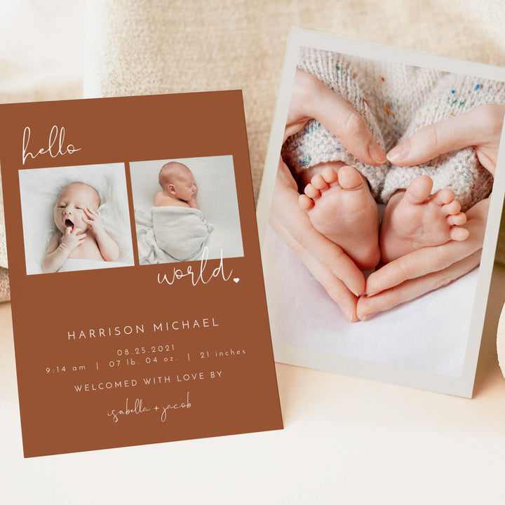 CORIANDER Terracotta Boho Hello World Birth Announcement Photo Card