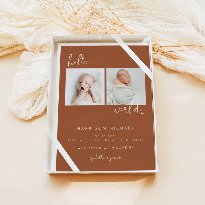 CORIANDER Terracotta Boho Hello World Birth Announcement Photo Card