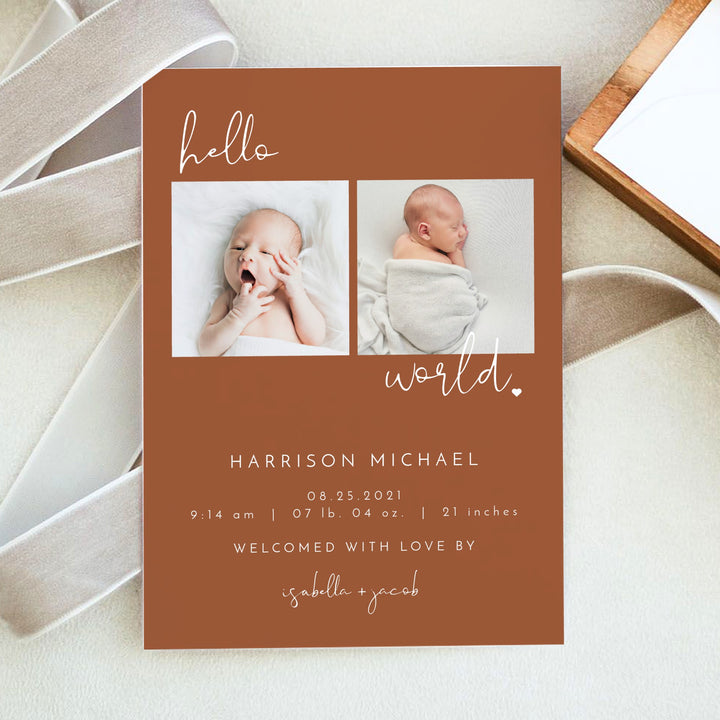 CORIANDER Terracotta Boho Hello World Birth Announcement Photo Card