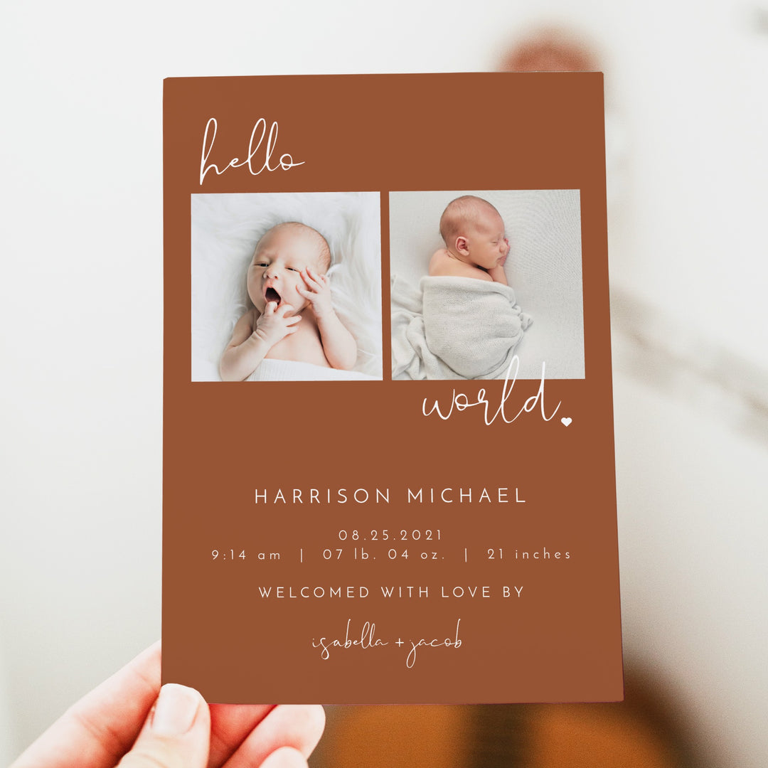CORIANDER Terracotta Boho Hello World Birth Announcement Photo Card