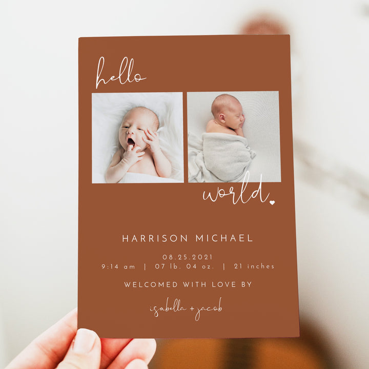 CORIANDER Terracotta Boho Hello World Birth Announcement Photo Card
