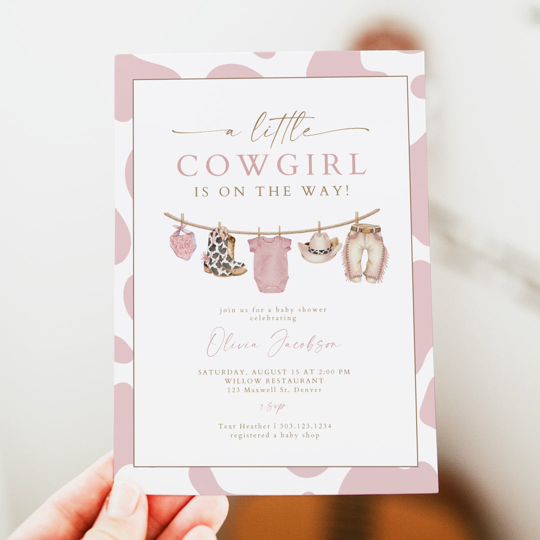 DOLLIE Little Cowgirl On the Way Western Cow Print Baby Shower Invitation