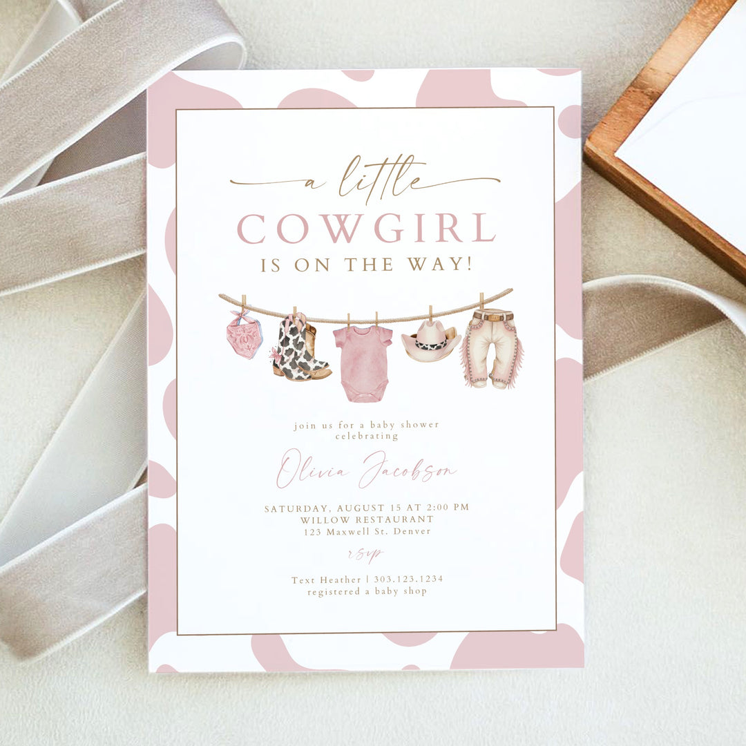 DOLLIE Little Cowgirl On the Way Western Cow Print Baby Shower Invitation