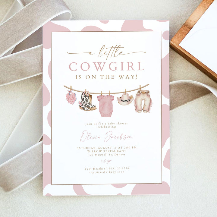 DOLLIE Little Cowgirl On the Way Western Cow Print Baby Shower Invitation