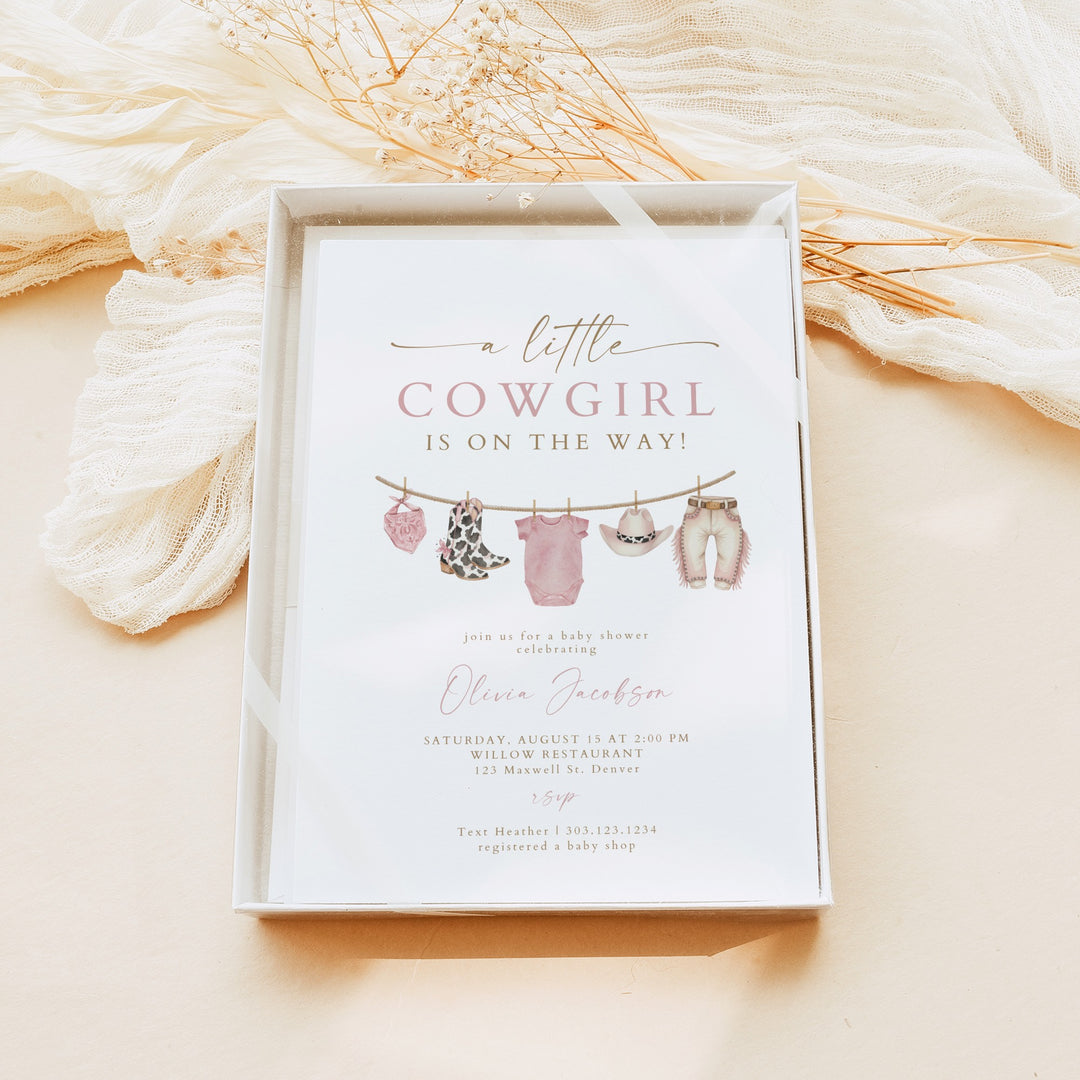 DOLLIE Little Cowgirl On the Way Western Clothesline Baby Shower Invitation