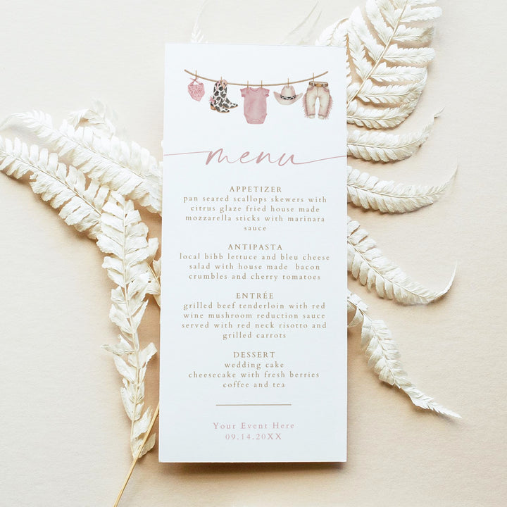 DOLLIE Little Cowgirl Western Clothesline Baby Shower Menu Cards