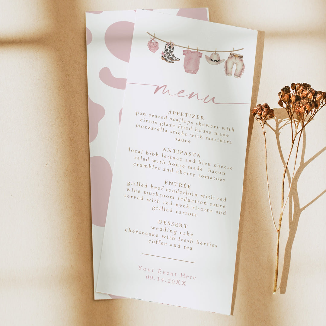 DOLLIE Little Cowgirl Western Clothesline Baby Shower Menu Cards