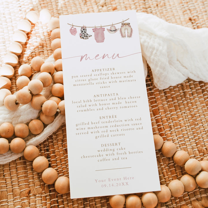DOLLIE Little Cowgirl Western Clothesline Baby Shower Menu Cards