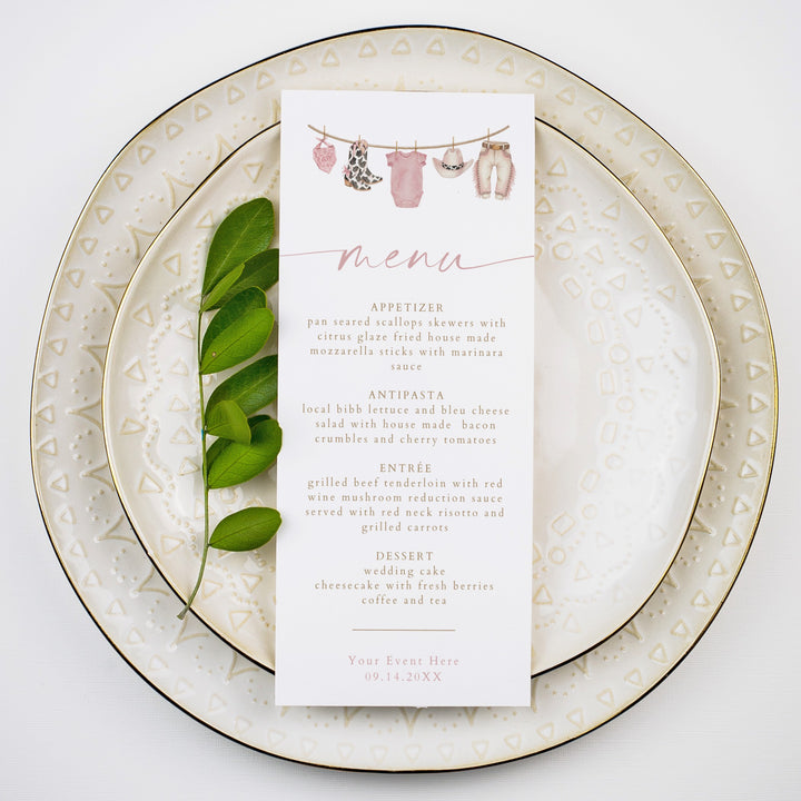 DOLLIE Little Cowgirl Western Clothesline Baby Shower Menu Cards