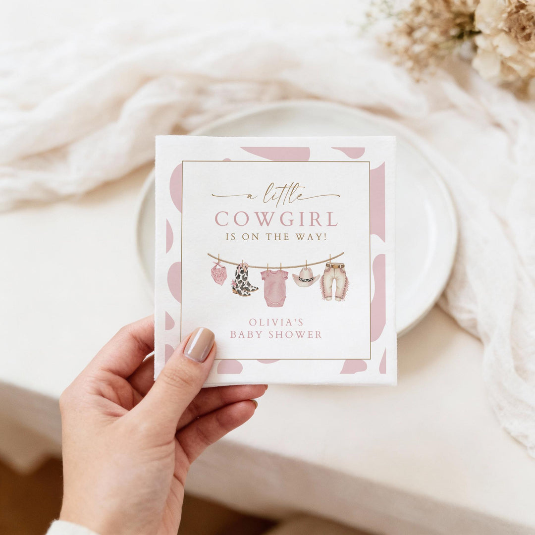 DOLLIE Personalized Little Cowgirl On the Way Cow Print Baby Shower Napkins