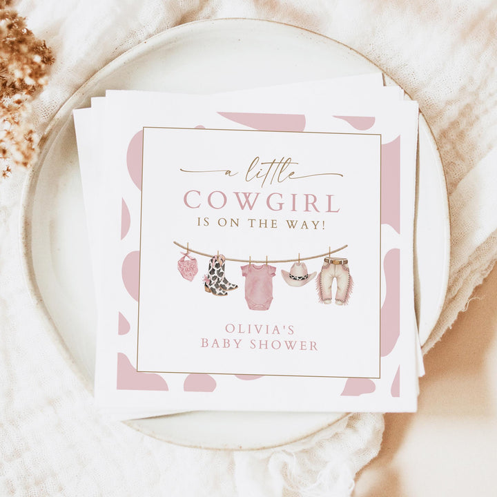 DOLLIE Personalized Little Cowgirl On the Way Cow Print Baby Shower Napkins