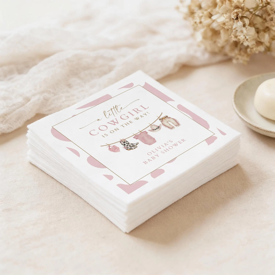 DOLLIE Personalized Little Cowgirl On the Way Cow Print Baby Shower Napkins