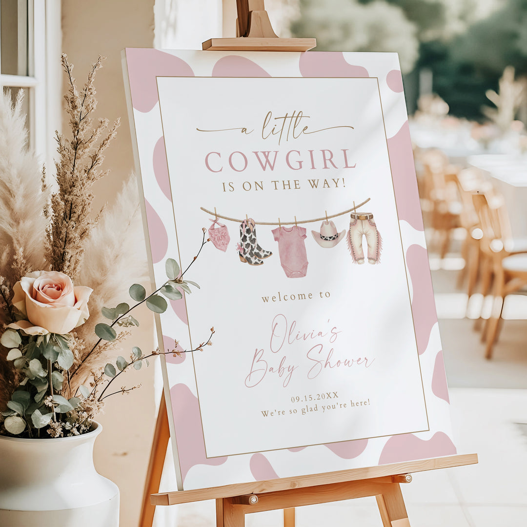DOLLIE Little Cowgirl On the Way Cow Print Western Baby Shower Welcome Sign