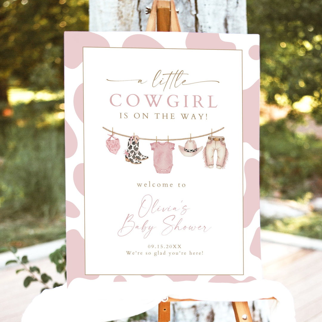 DOLLIE Little Cowgirl On the Way Cow Print Western Baby Shower Welcome Sign