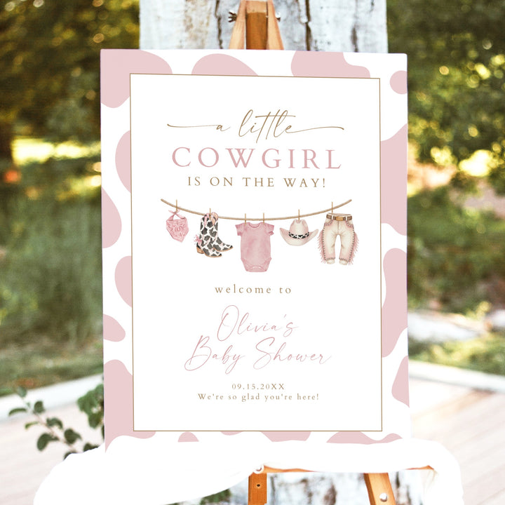 DOLLIE Little Cowgirl On the Way Cow Print Western Baby Shower Welcome Sign