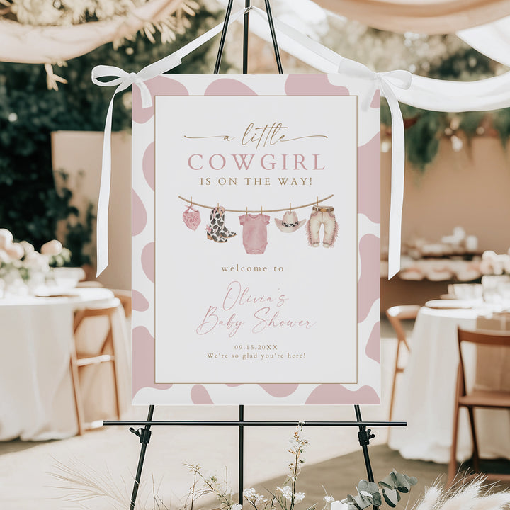 DOLLIE Little Cowgirl On the Way Cow Print Western Baby Shower Welcome Sign