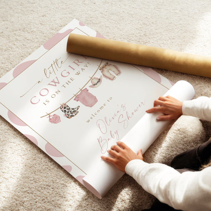 DOLLIE Little Cowgirl On the Way Cow Print Western Baby Shower Welcome Sign