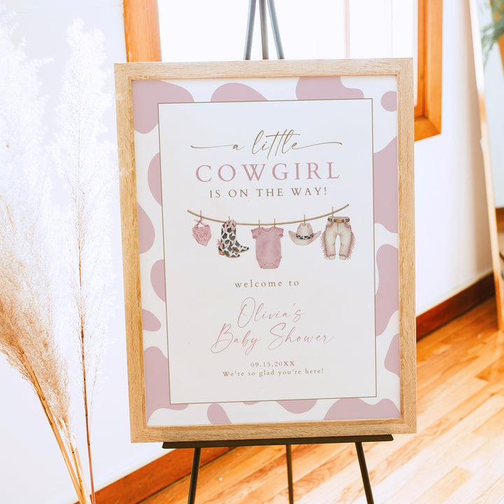 DOLLIE Little Cowgirl On the Way Cow Print Western Baby Shower Welcome Sign