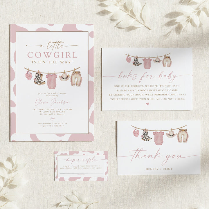 DOLLIE Little Cowgirl On the Way Cow Print Baby Shower Invitation Suite