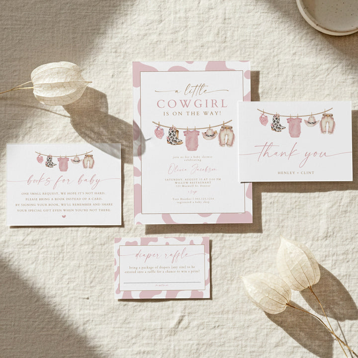 DOLLIE Little Cowgirl On the Way Cow Print Baby Shower Invitation Suite