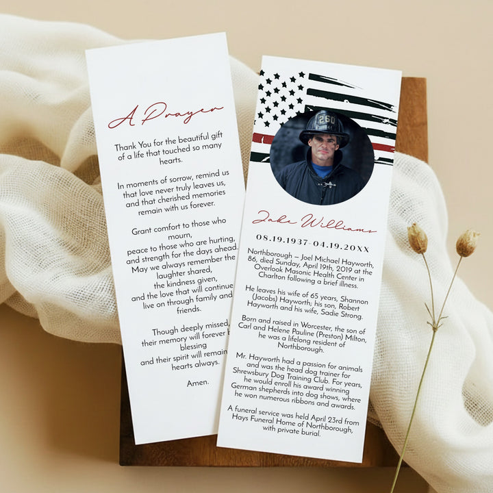 FIREFIGHTER Thin Red Line Firefighter Unlaminated Memorial Prayer Bookmark