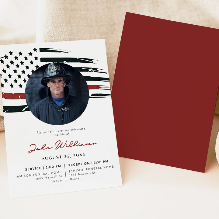 FIREFIGHTER Thin Red Line Flag Firefighter Black Memorial Service Photo Announcement