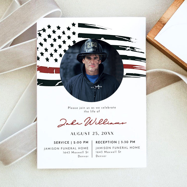FIREFIGHTER Thin Red Line Flag Firefighter Black Memorial Service Photo Announcement