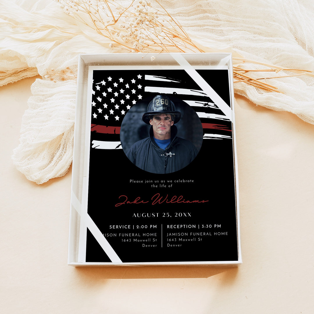 FIREFIGHTER Thin Red Line Flag Firefighter Memorial Service Photo Announcement