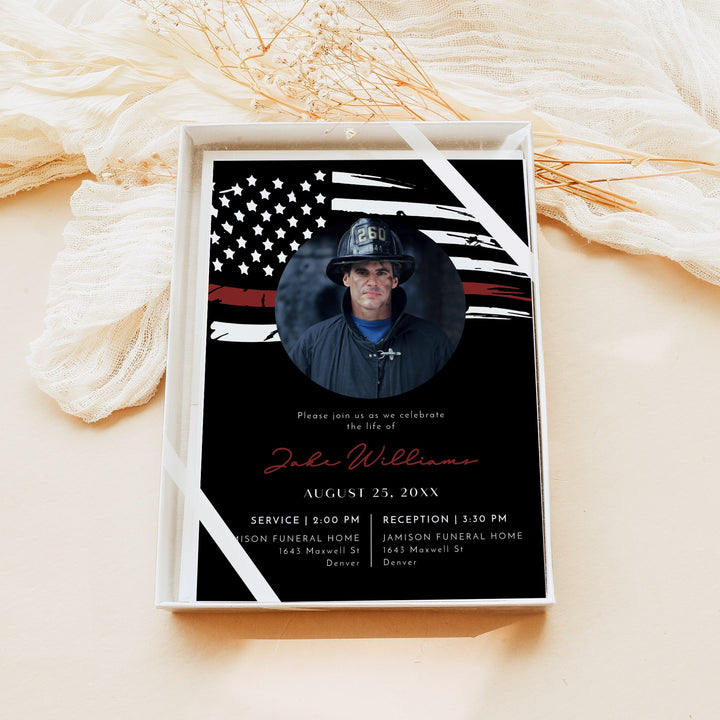 FIREFIGHTER Thin Red Line Flag Firefighter Memorial Service Photo Announcement