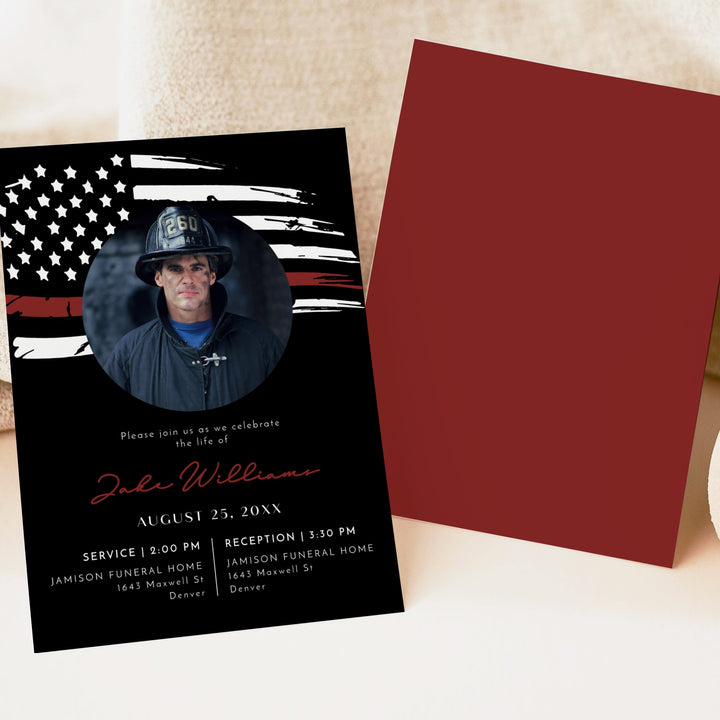 FIREFIGHTER Thin Red Line Flag Firefighter Memorial Service Photo Announcement