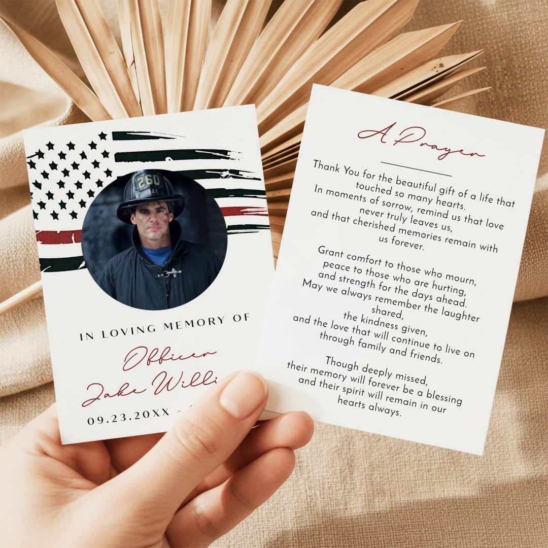 FIREFIGHTER In Loving Memory Thin Red Line Firefighter Memorial Prayer Card with Photo