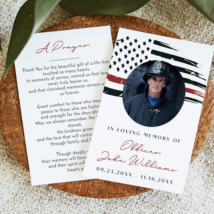 FIREFIGHTER In Loving Memory Thin Red Line Firefighter Memorial Prayer Card with Photo