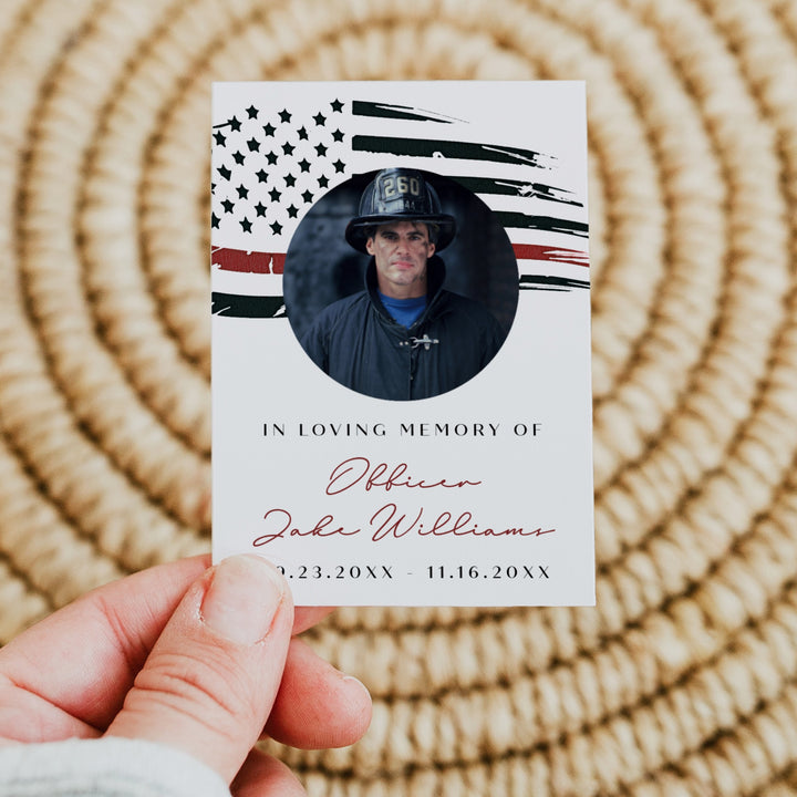 FIREFIGHTER In Loving Memory Thin Red Line Firefighter Memorial Prayer Card with Photo