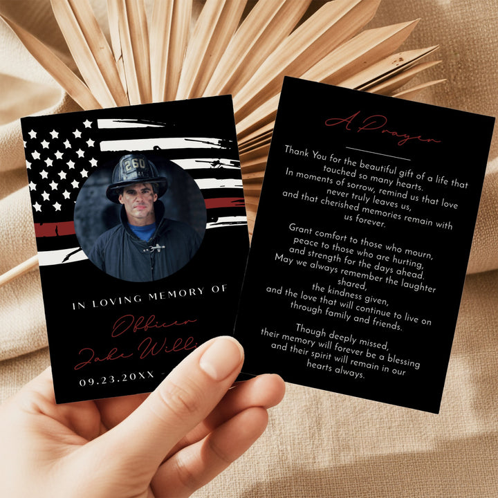 FIREFIGHTER In Loving Memory Thin Red Line Firefighter Black Memorial Prayer Card with Photo