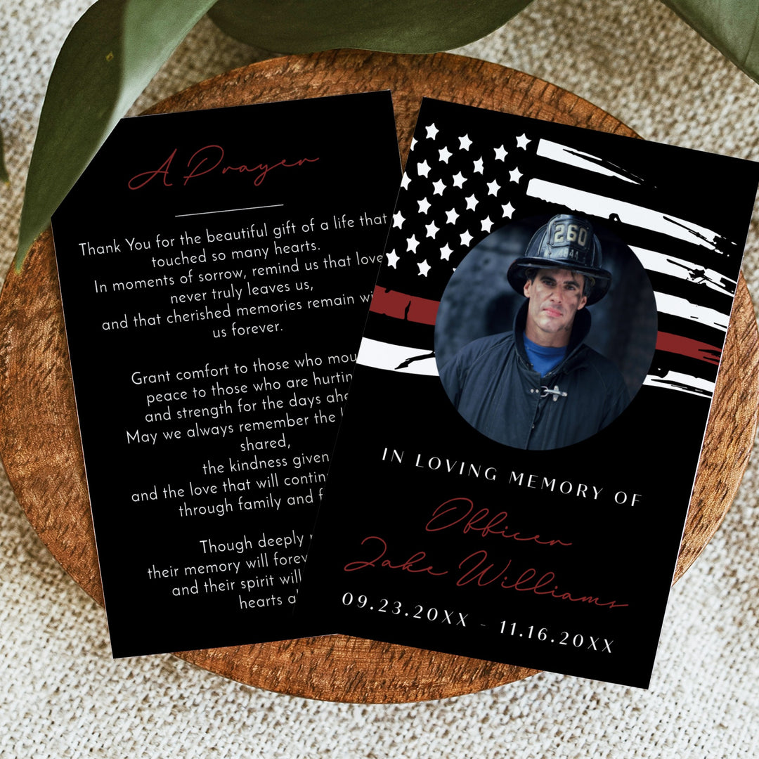 FIREFIGHTER In Loving Memory Thin Red Line Firefighter Black Memorial Prayer Card with Photo