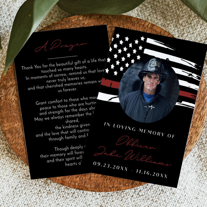 FIREFIGHTER In Loving Memory Thin Red Line Firefighter Black Memorial Prayer Card with Photo
