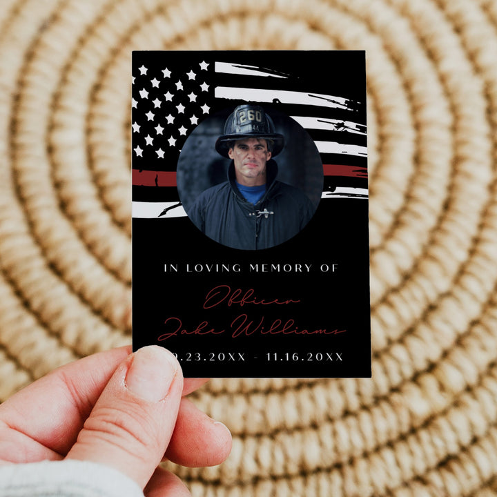 FIREFIGHTER In Loving Memory Thin Red Line Firefighter Black Memorial Prayer Card with Photo