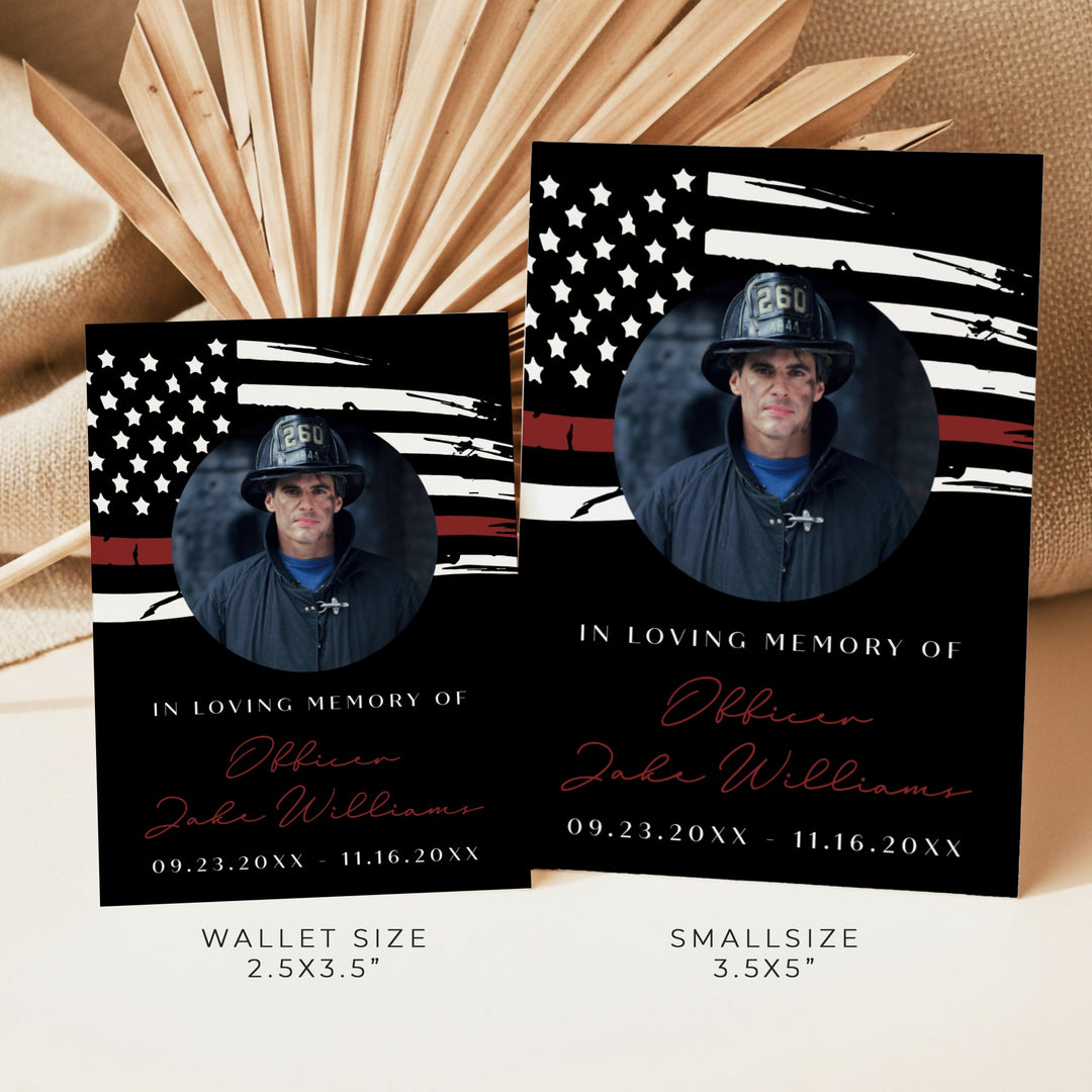 FIREFIGHTER In Loving Memory Thin Red Line Firefighter Black Memorial Prayer Card with Photo