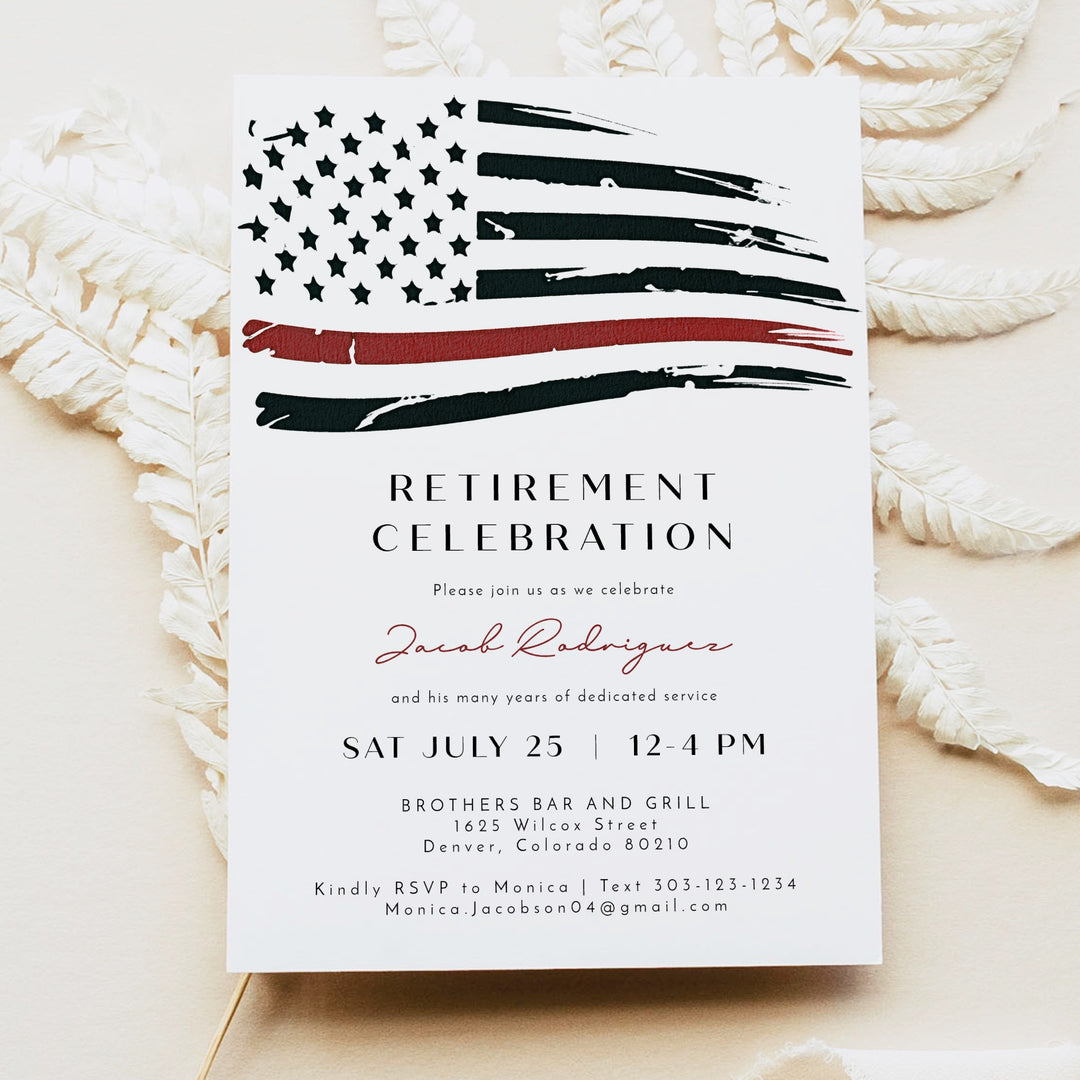 FIREFIGHTER White Thin Red Line American Flag Firefighter Retirement Party Invitation